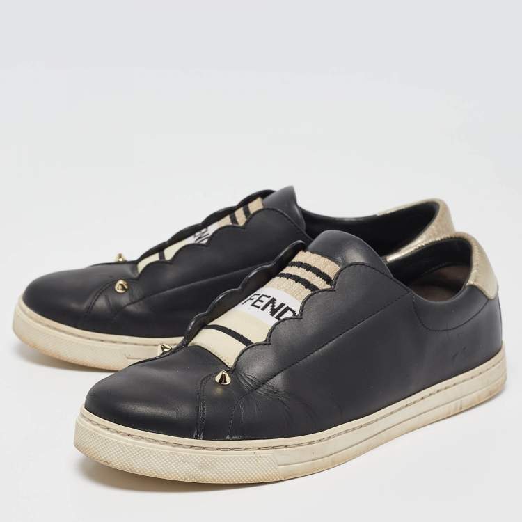 Pre Owned Fendi Black Leather Rockoclick Slip On Sneakers Size 39