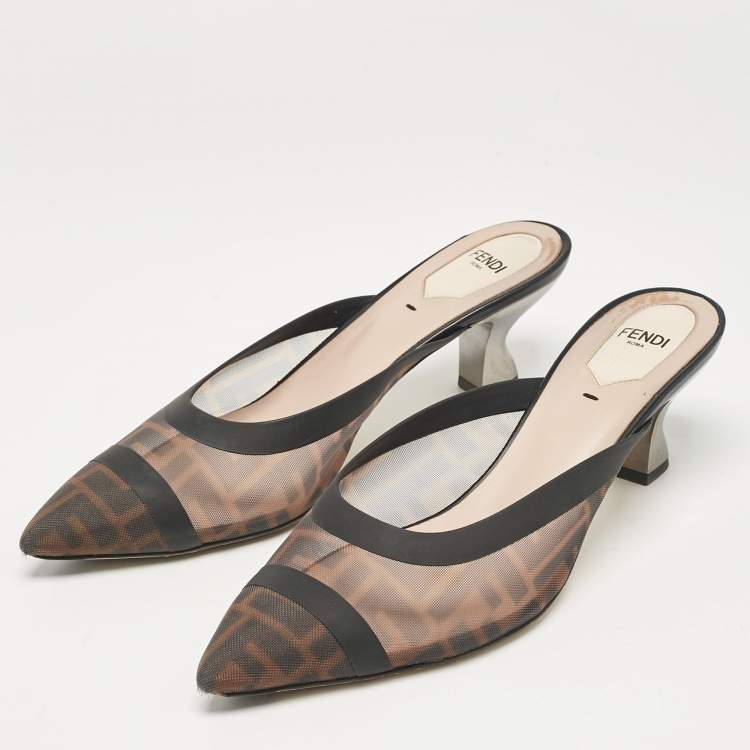 Pre Owned Fendi Beige/Black Leather and Mesh Colibri Mules Size 39.5