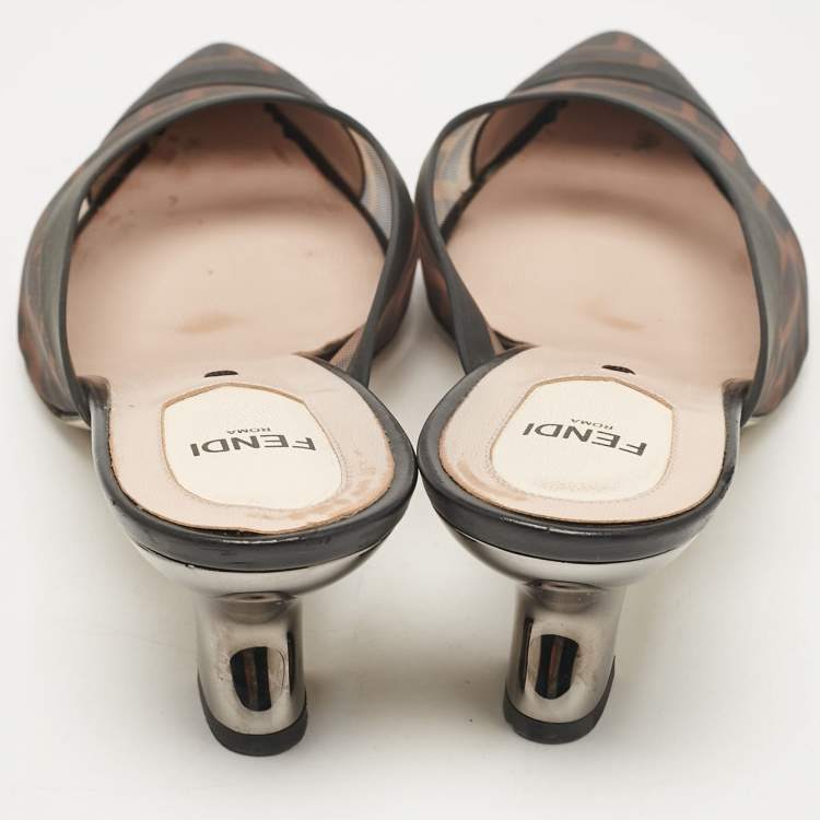 Pre Owned Fendi Beige/Black Leather and Mesh Colibri Mules Size 39.5