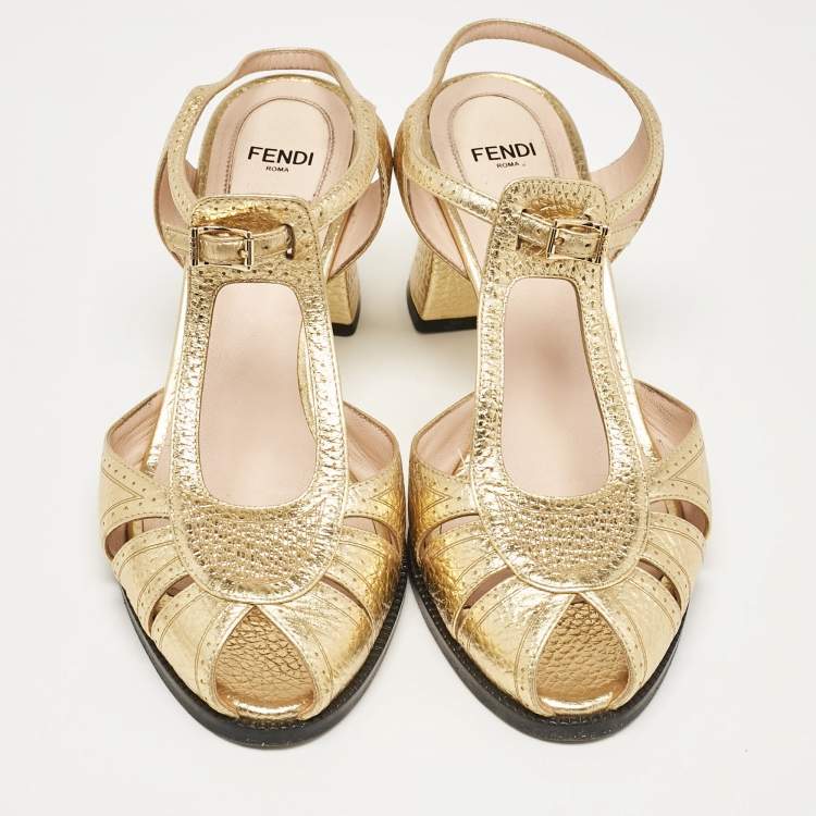 Pre Owned Fendi Gold Leather Block Heel Ankle Strap Sandals Size 39