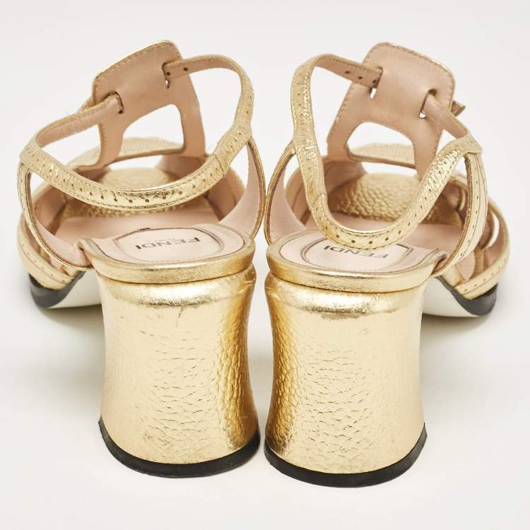 Pre Owned Fendi Gold Leather Block Heel Ankle Strap Sandals Size 39