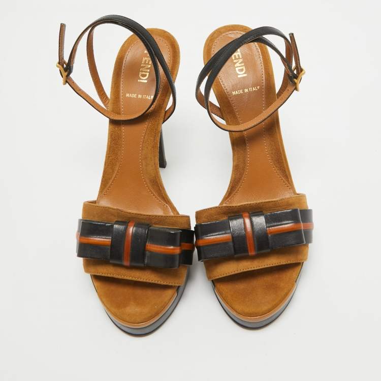 Pre Owned Fendi Black/Brown Leather and Suede Bow Platform Ankle Strap Sandals Size 37