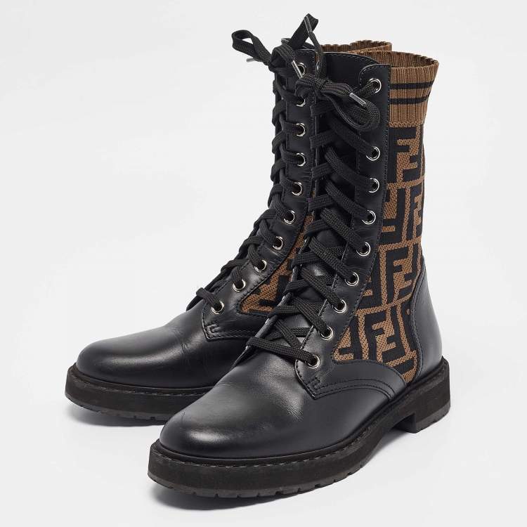 Pre Owned Fendi Black Canvas and Leather Rockoko Ankle Length Boots Size 36