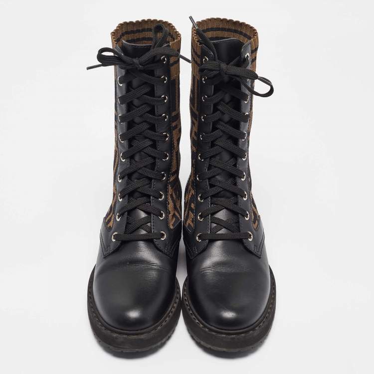 Pre Owned Fendi Black Canvas and Leather Rockoko Ankle Length Boots Size 36