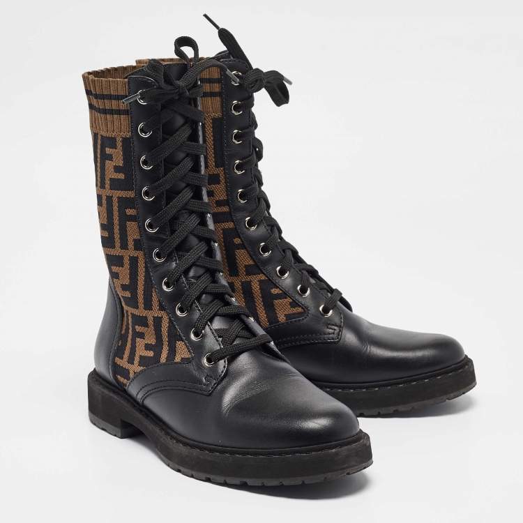 Pre Owned Fendi Black Canvas and Leather Rockoko Ankle Length Boots Size 36