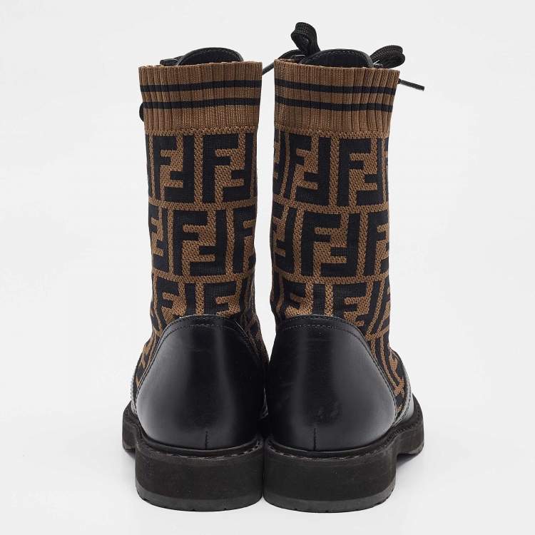 Pre Owned Fendi Black Canvas and Leather Rockoko Ankle Length Boots Size 36