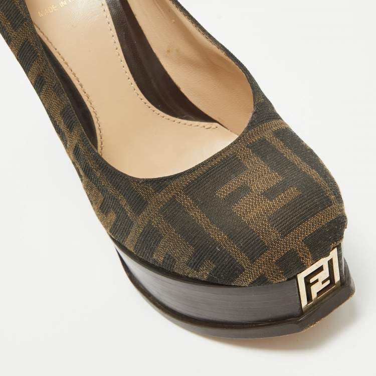 Pre Owned Fendi Brown Canvas Fendista Platform Pumps Size 35.5