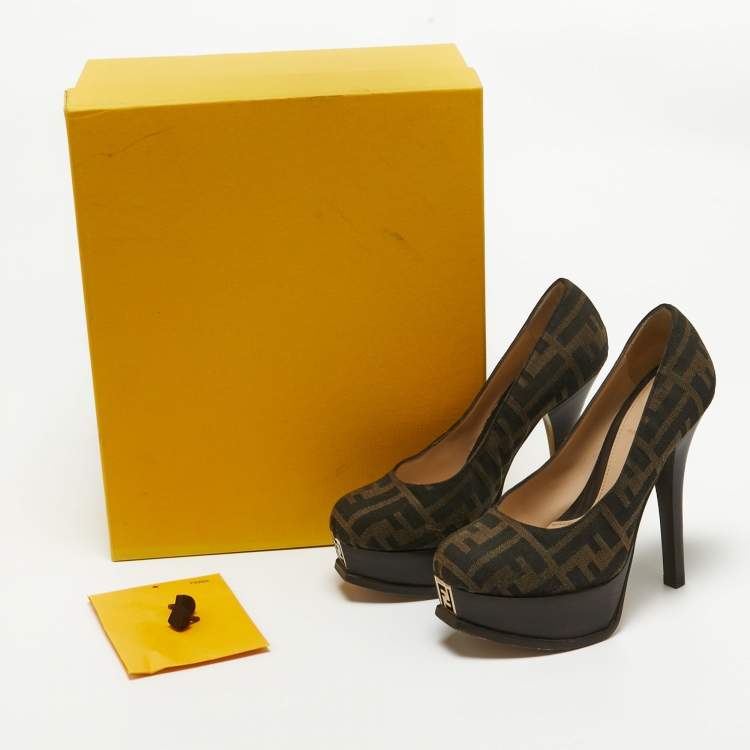 Pre Owned Fendi Brown Canvas Fendista Platform Pumps Size 35.5