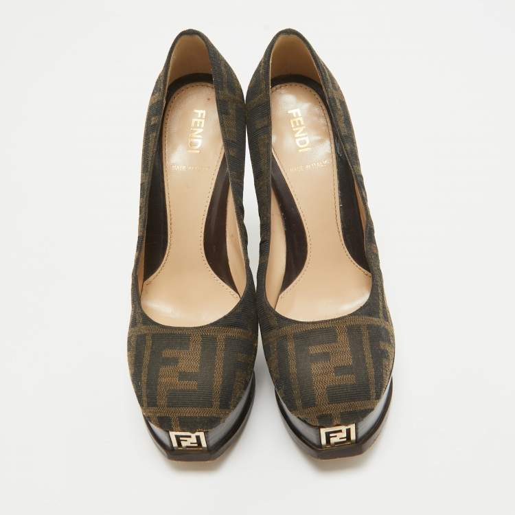 Pre Owned Fendi Brown Canvas Fendista Platform Pumps Size 35.5