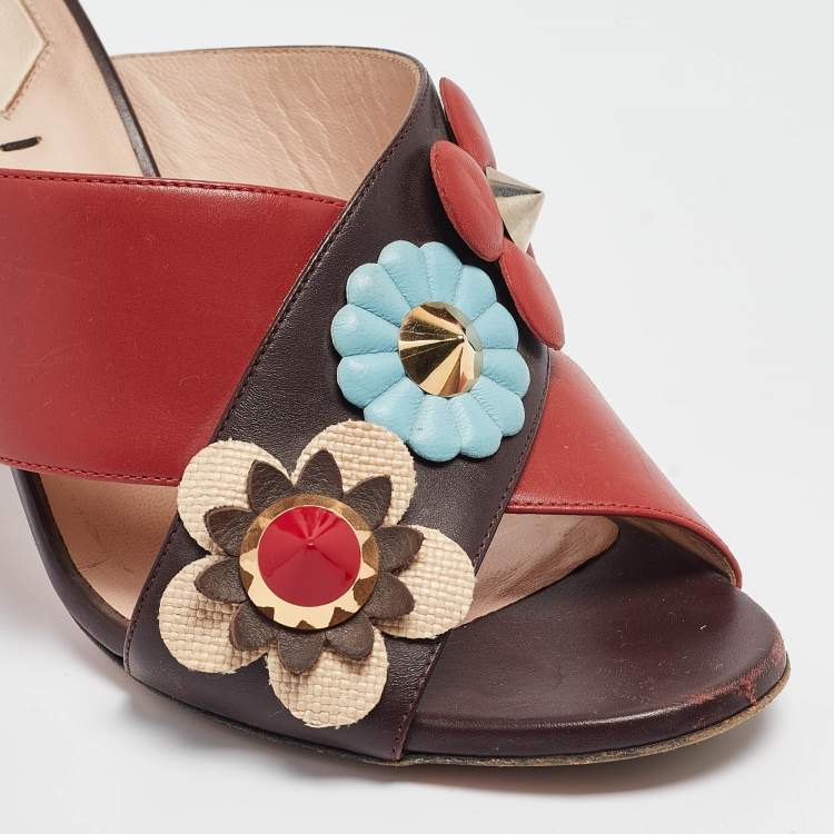 Pre Owned Fendi Red/Brown Leather Flowerland Slide Sandals Size 37