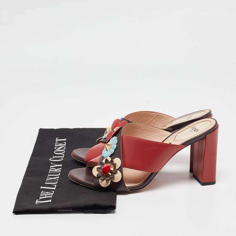 Pre Owned Fendi Red/Brown Leather Flowerland Slide Sandals Size 37