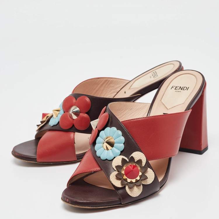 Pre Owned Fendi Red/Brown Leather Flowerland Slide Sandals Size 37
