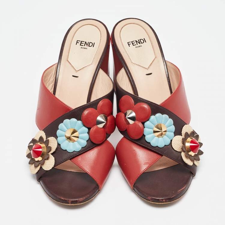 Pre Owned Fendi Red/Brown Leather Flowerland Slide Sandals Size 37