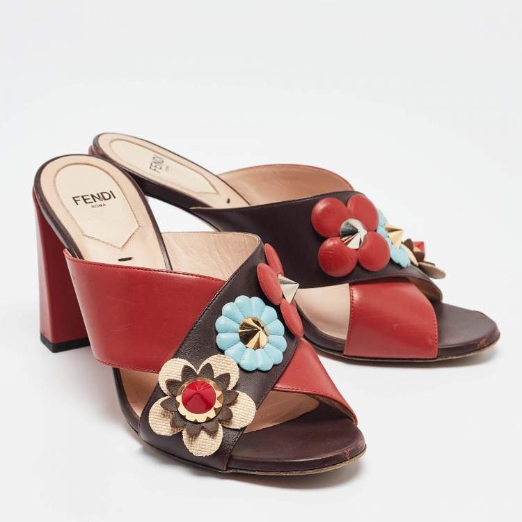Pre Owned Fendi Red/Brown Leather Flowerland Slide Sandals Size 37