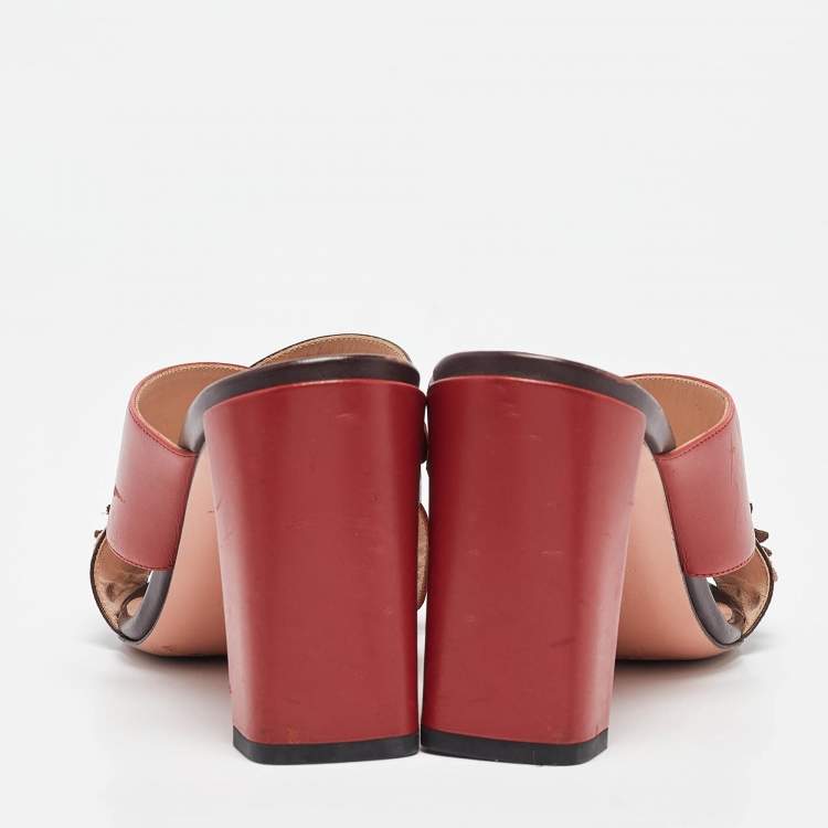 Pre Owned Fendi Red/Brown Leather Flowerland Slide Sandals Size 37
