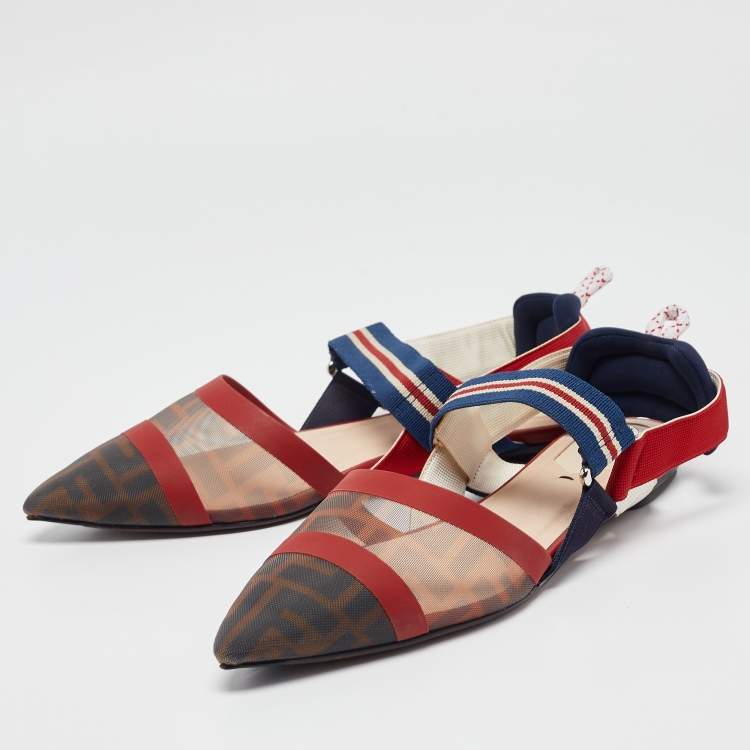 Pre Owned Fendi Multicolor Canvas Mesh Colibri Slingback Flats Size 39