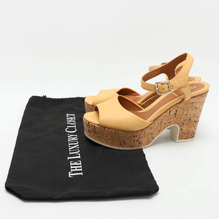 Pre Owned Fendi Beige Leather Cork Wedge Ankle Strap Sandals Size 36