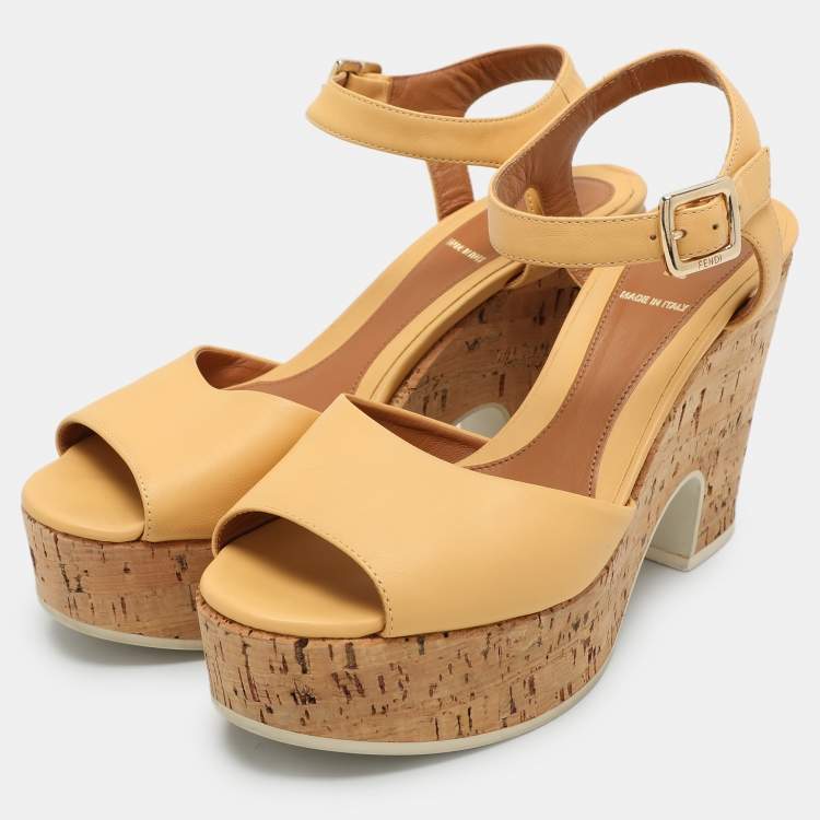 Pre Owned Fendi Beige Leather Cork Wedge Ankle Strap Sandals Size 36