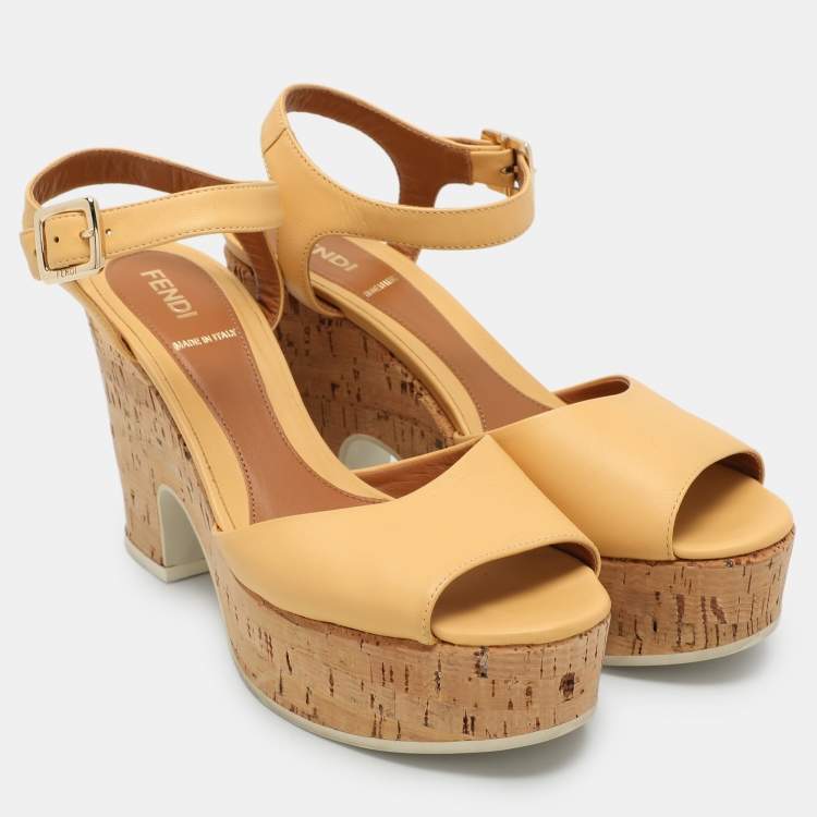 Pre Owned Fendi Beige Leather Cork Wedge Ankle Strap Sandals Size 36