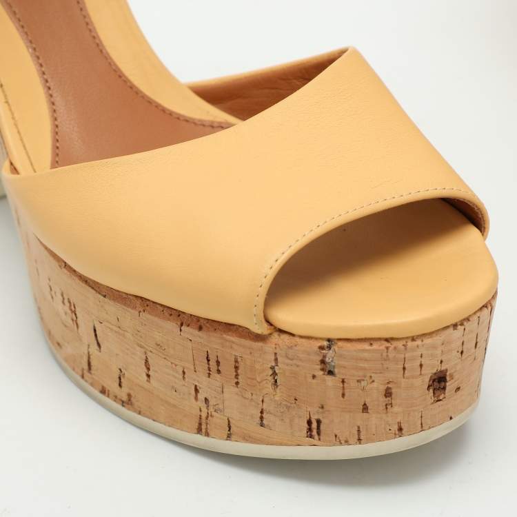 Pre Owned Fendi Beige Leather Cork Wedge Ankle Strap Sandals Size 36