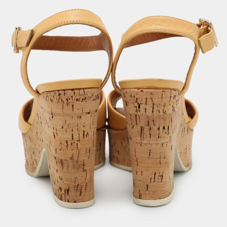Pre Owned Fendi Beige Leather Cork Wedge Ankle Strap Sandals Size 36