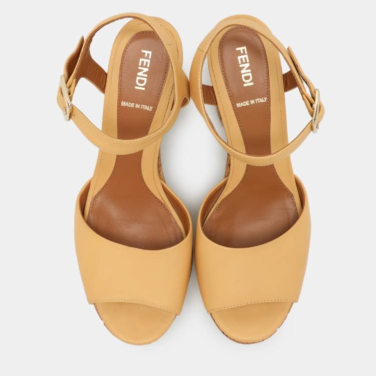 Pre Owned Fendi Beige Leather Cork Wedge Ankle Strap Sandals Size 36