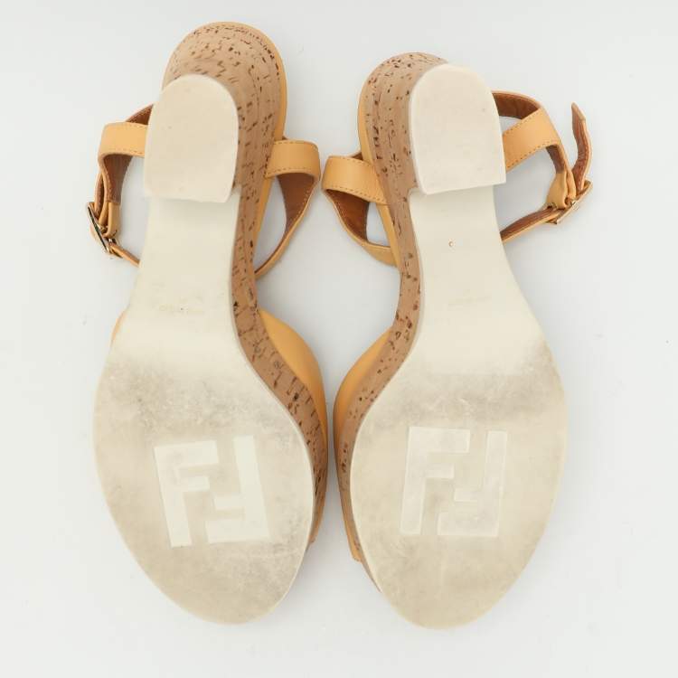 Pre Owned Fendi Beige Leather Cork Wedge Ankle Strap Sandals Size 36