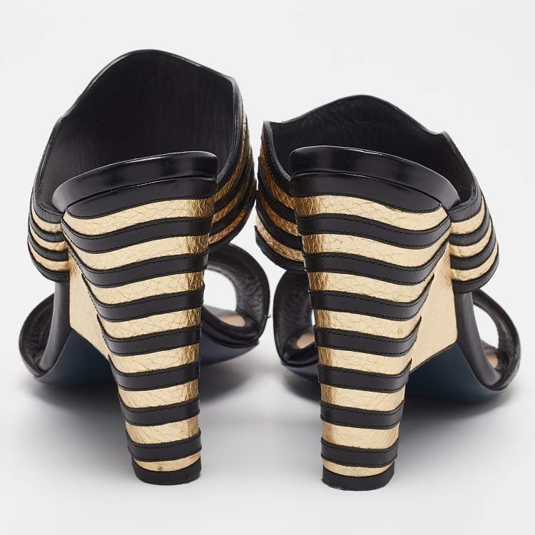 Pre Owned Fendi Black/Gold Leather Wave Striped Slide Sandals Size 39