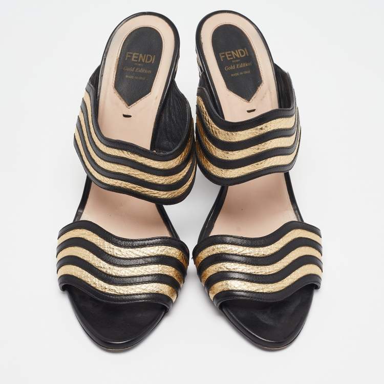 Pre Owned Fendi Black/Gold Leather Wave Striped Slide Sandals Size 39