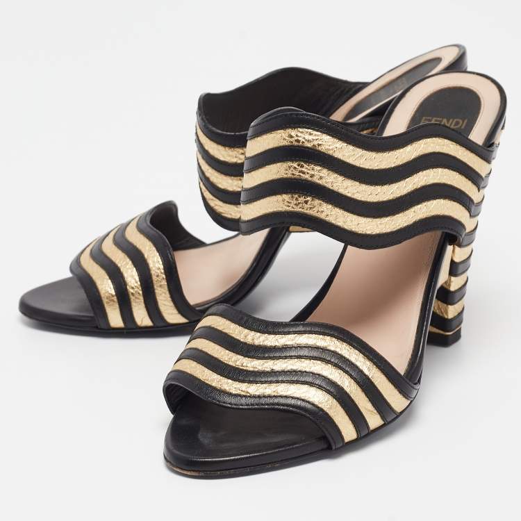 Pre Owned Fendi Black/Gold Leather Wave Striped Slide Sandals Size 39