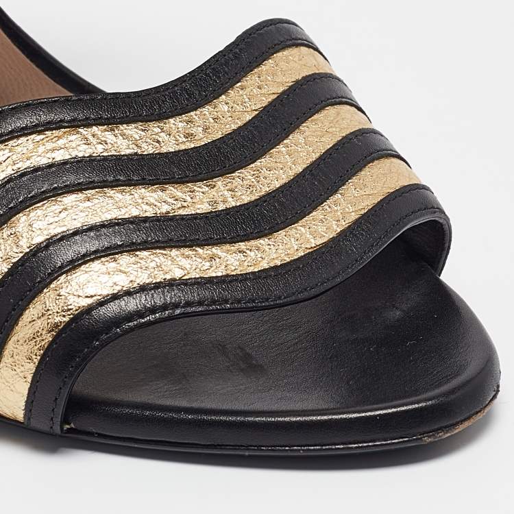 Pre Owned Fendi Black/Gold Leather Wave Striped Slide Sandals Size 39
