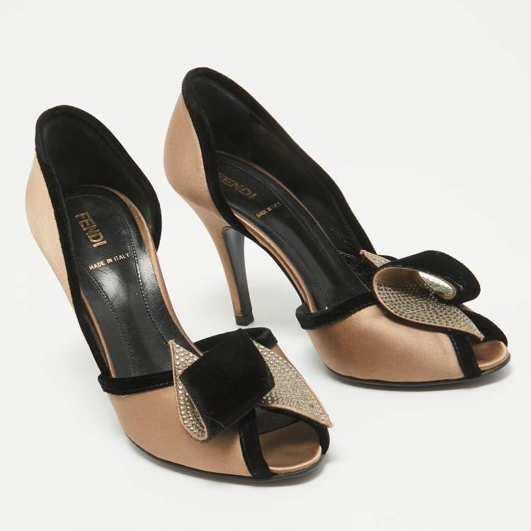 Pre Owned Fendi Brown/Black Satin and Velvet D'orsay Pumps Size 37