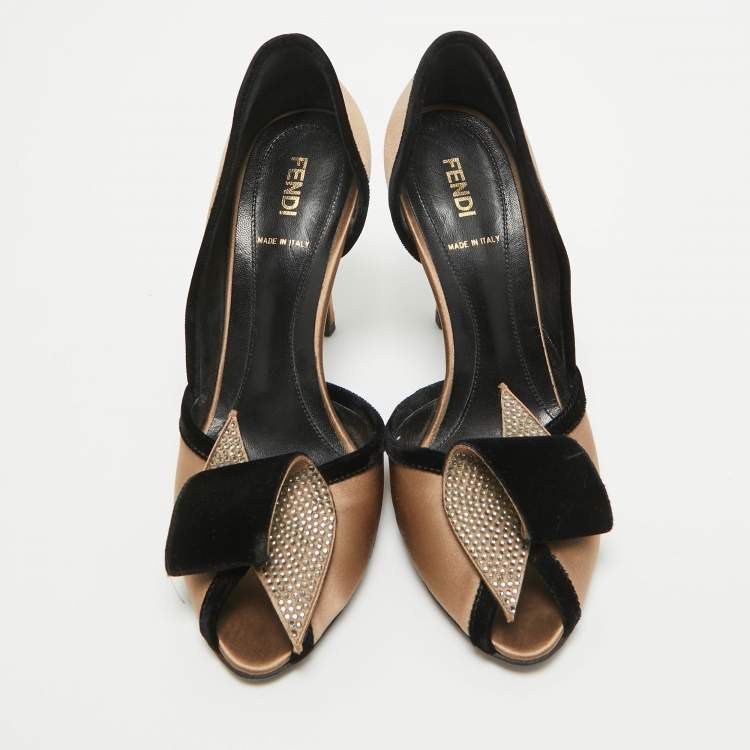 Pre Owned Fendi Brown/Black Satin and Velvet D'orsay Pumps Size 37