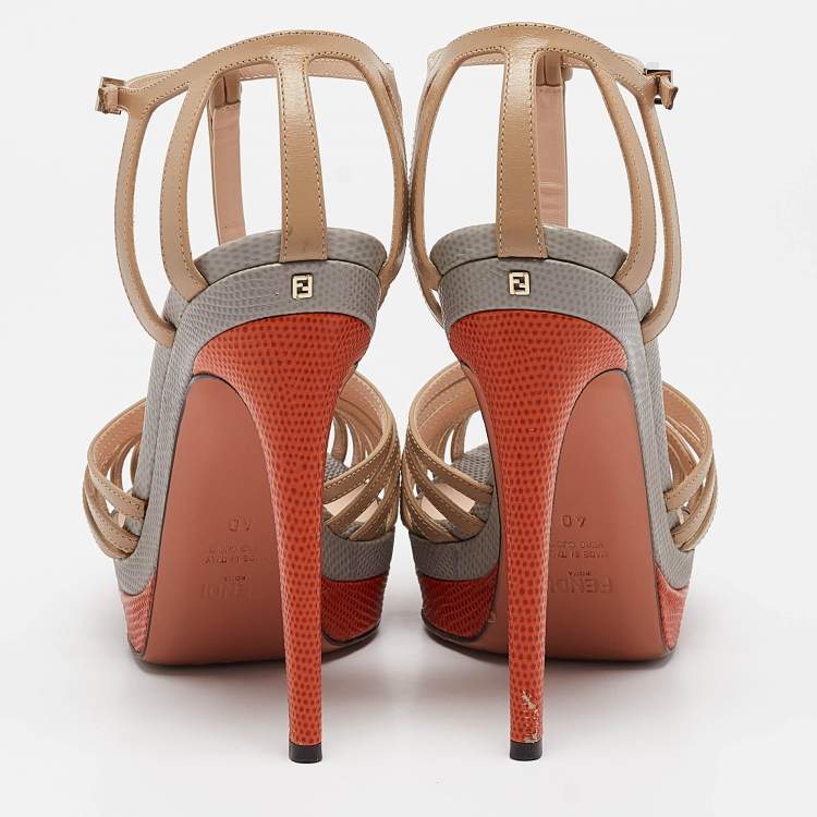 Pre Owned Fendi Multicolor Lizard Embossed and Leather T-Strap Platform Sandals Size 40
