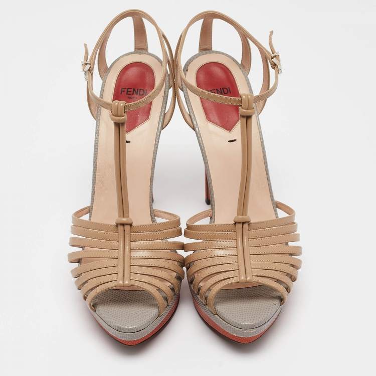 Pre Owned Fendi Multicolor Lizard Embossed and Leather T-Strap Platform Sandals Size 40