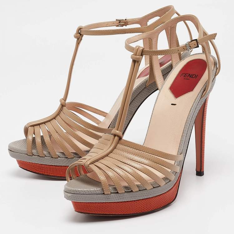 Pre Owned Fendi Multicolor Lizard Embossed and Leather T-Strap Platform Sandals Size 40
