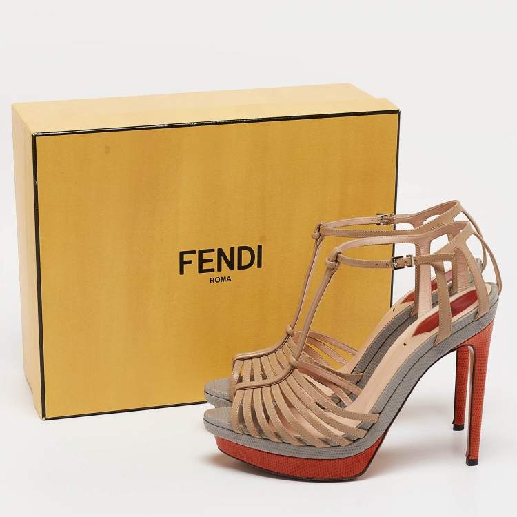 Pre Owned Fendi Multicolor Lizard Embossed and Leather T-Strap Platform Sandals Size 40