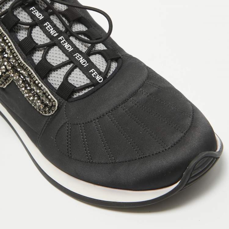 Pre Owned Fendi Black Fabric and Satin Crystal Embellished Lace Up Sneakers Size 41