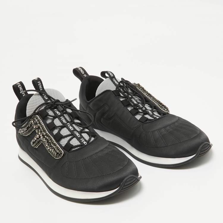 Pre Owned Fendi Black Fabric and Satin Crystal Embellished Lace Up Sneakers Size 41