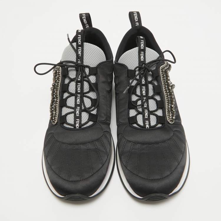 Pre Owned Fendi Black Fabric and Satin Crystal Embellished Lace Up Sneakers Size 41