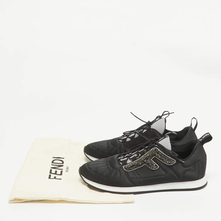Pre Owned Fendi Black Fabric and Satin Crystal Embellished Lace Up Sneakers Size 41