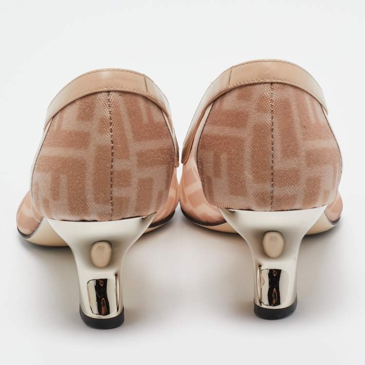 Pre Owned Fendi Pink/Beige Zucca Mesh and Leather Colibri Pumps Size 38