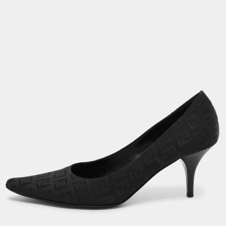 Pre Owned Fendi Black FF Canvas Pointed Toe Pumps Size 38.5