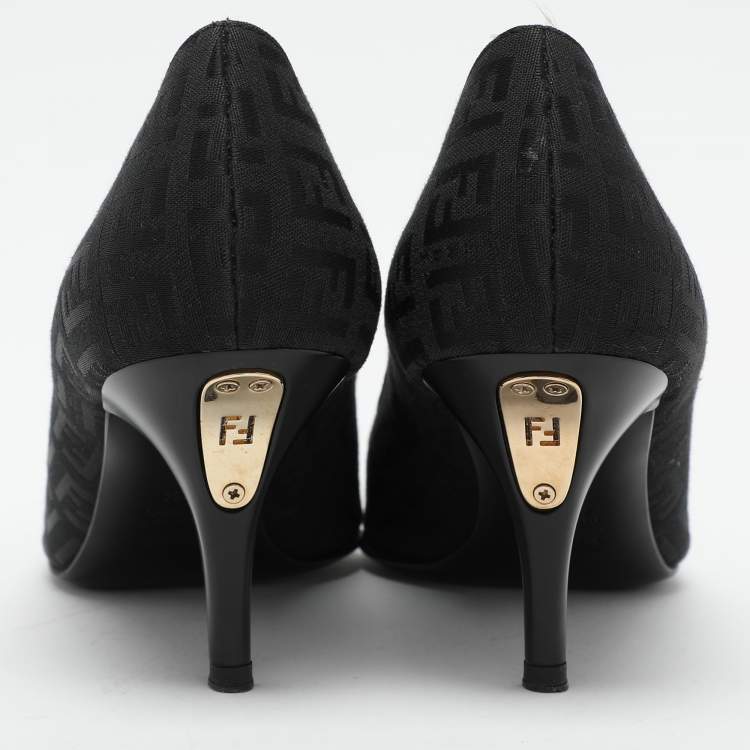 Pre Owned Fendi Black FF Canvas Pointed Toe Pumps Size 38.5