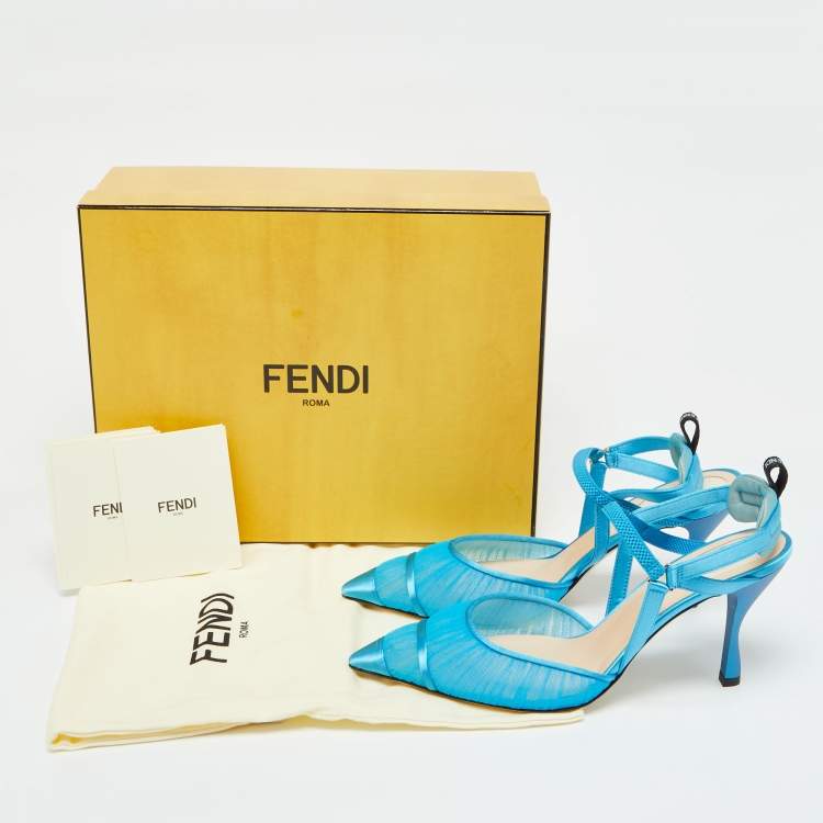 Pre Owned Fendi Blue Tulle and Satin Colibri Lite Slingback Pumps Size 39