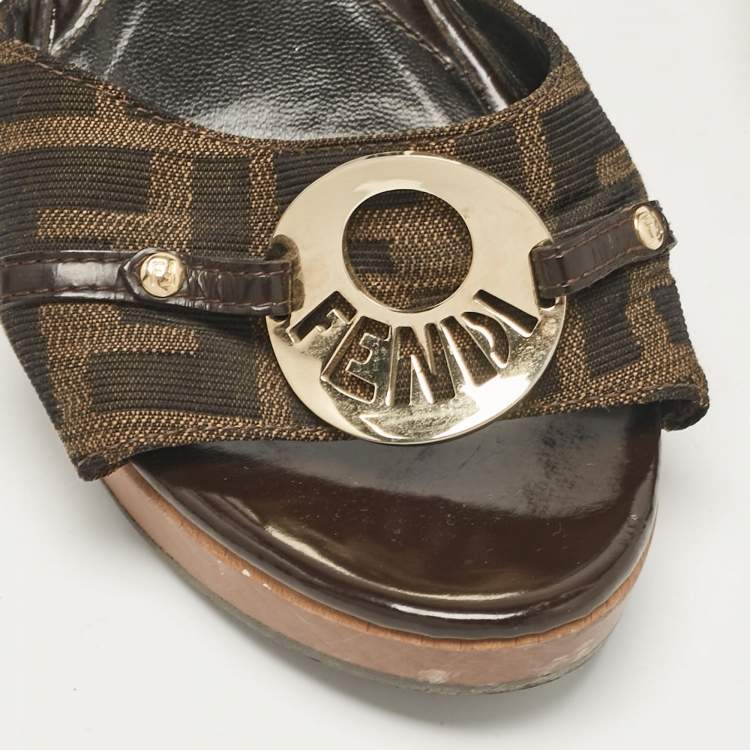 Pre Owned Fendi Brown Canvas and Patent Leather Slide Sandals Size 37.5