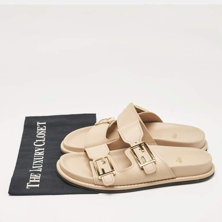 Pre Owned Fendi Beige Leather Flat Sandals Size 40
