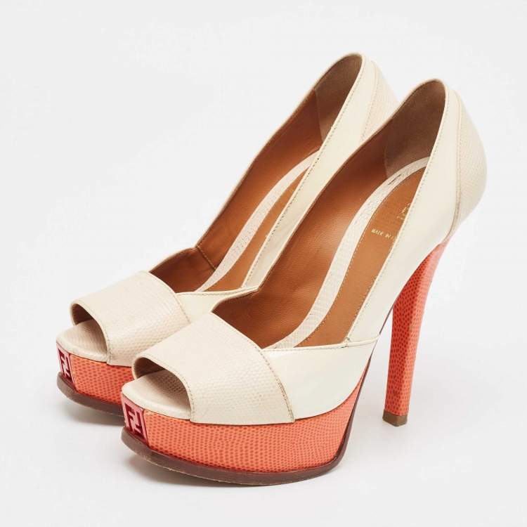 Pre Owned Fendi Cream Embossed Lizard and Patent Fendista Peep Toe Pumps Size 37