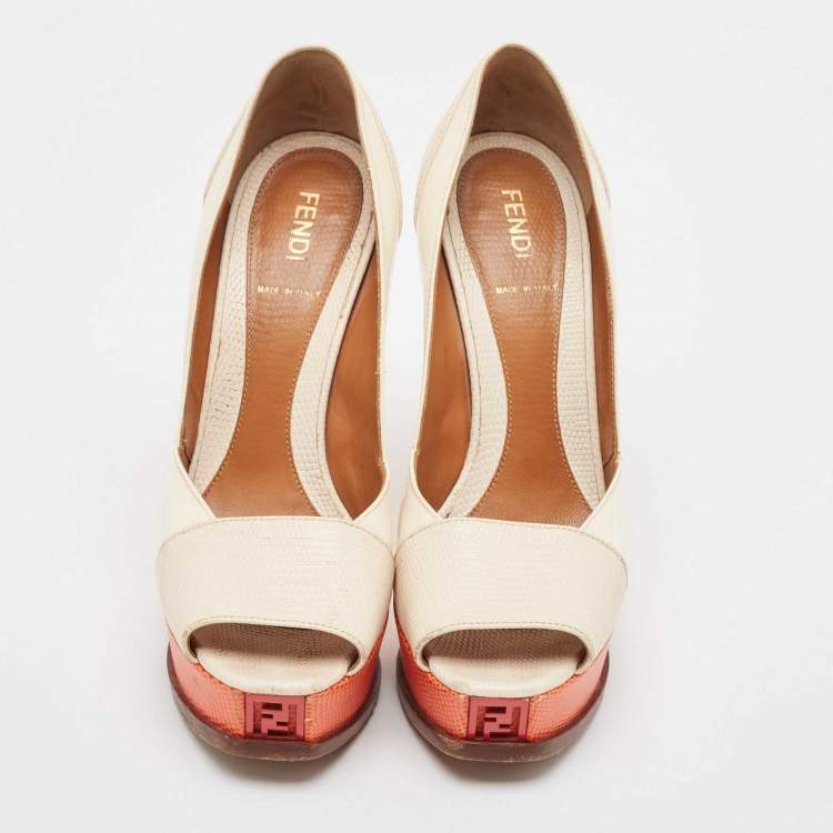 Pre Owned Fendi Cream Embossed Lizard and Patent Fendista Peep Toe Pumps Size 37