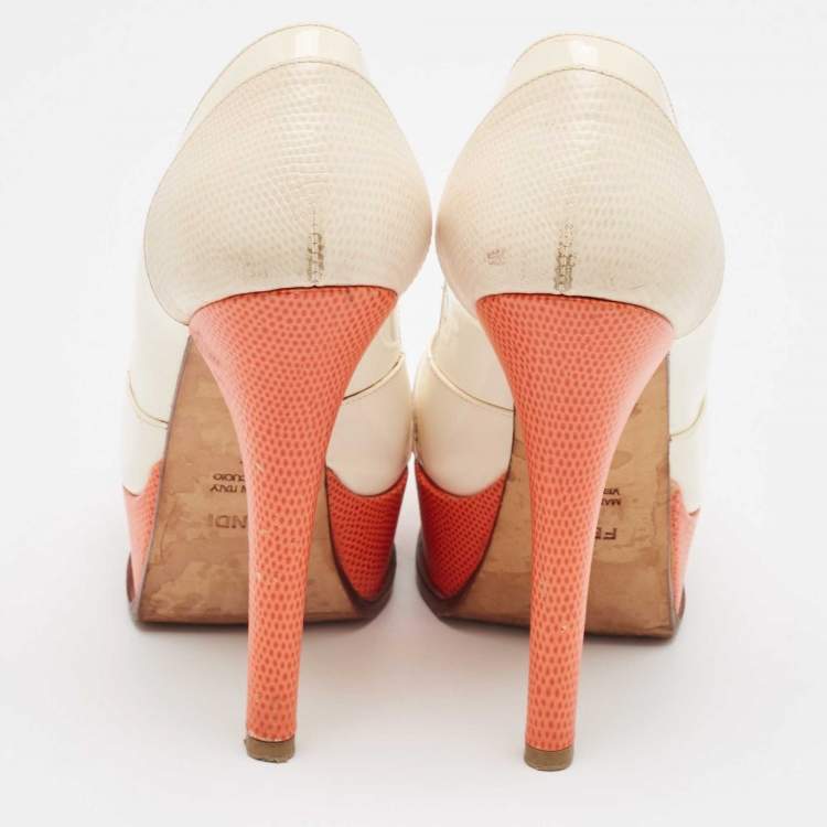 Pre Owned Fendi Cream Embossed Lizard and Patent Fendista Peep Toe Pumps Size 37